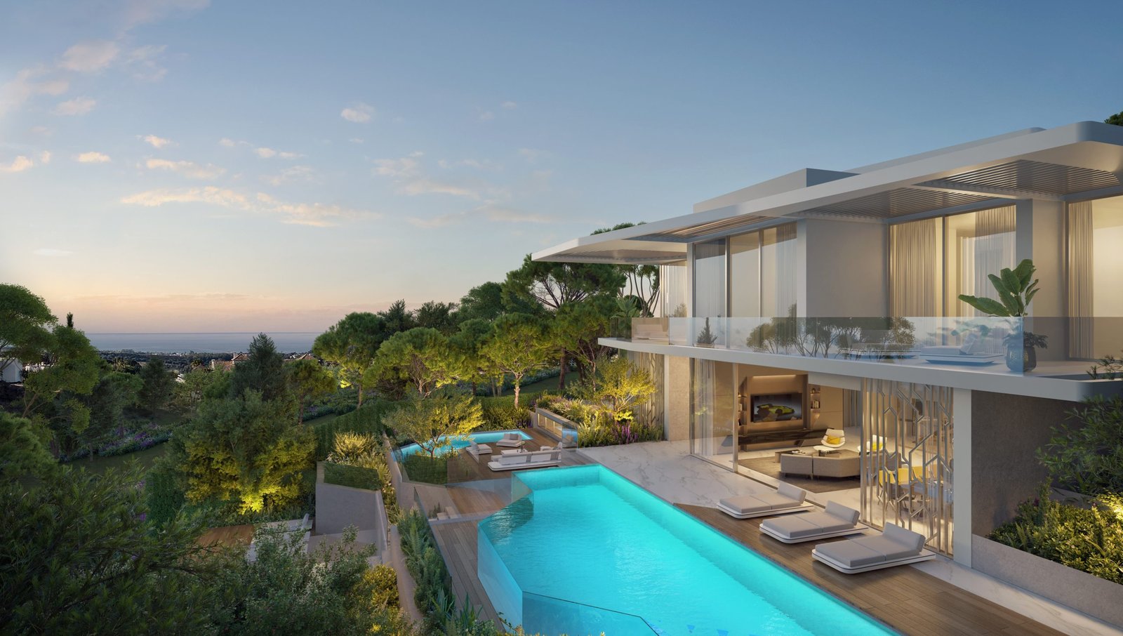 Lamborghini villa at Tierra Viva, Benahavís, at dusk with pool and sea views (render)
