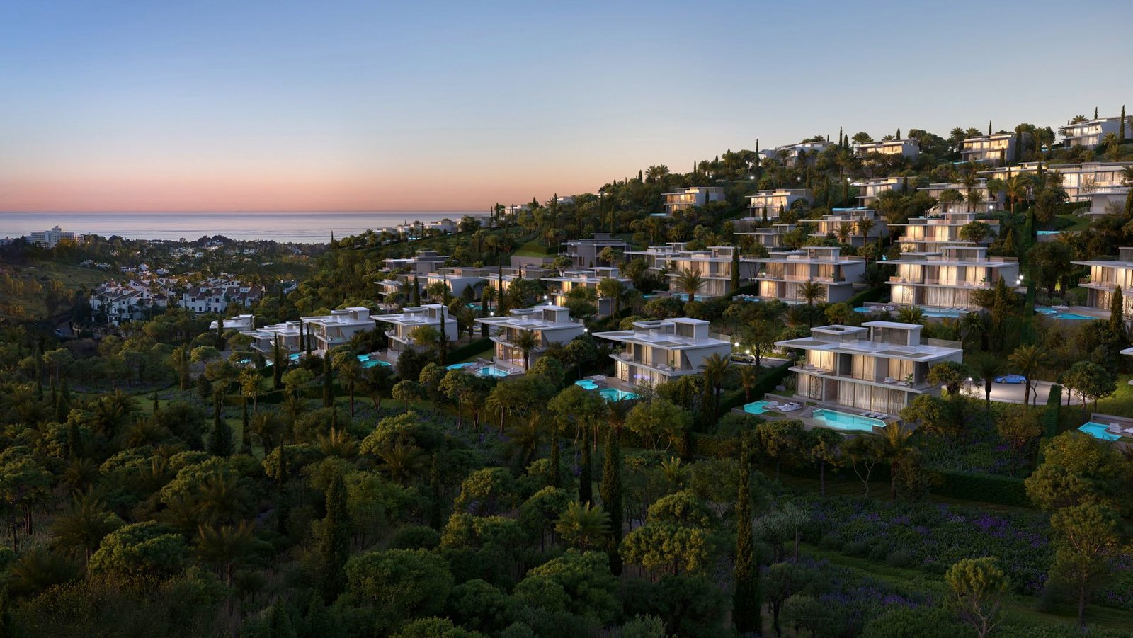 Aerial view of Tierra Viva in the Benahavís hills facing the sea (render)